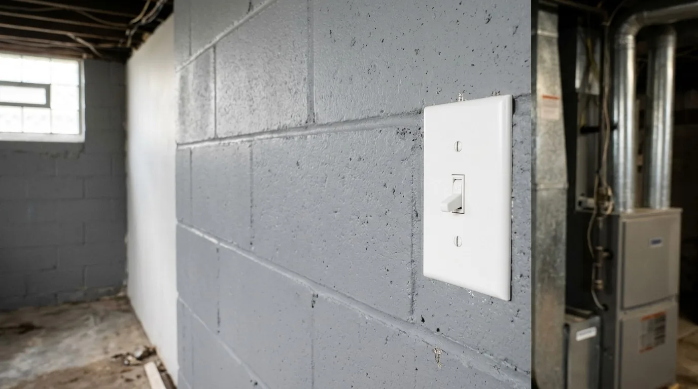 An ordinary light switch on a basement wall, with a gas furnace behind it